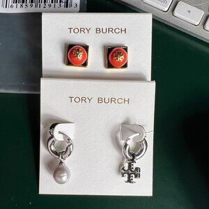 Tory Burch Earrings Set - Red Enamel Studs & Silver-Tone Drop Pearl With Logo Ch